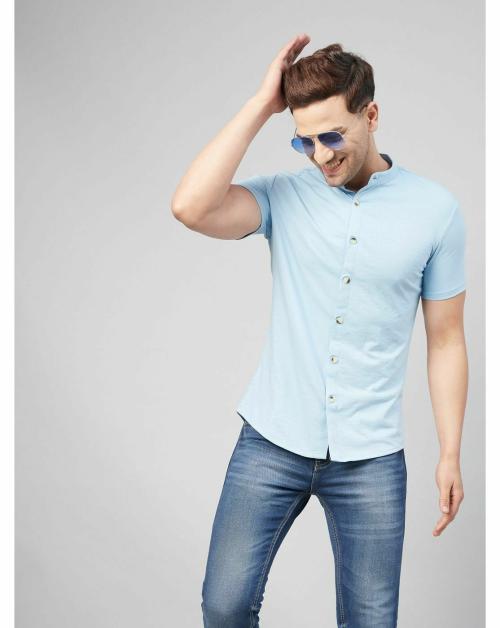 Gritstones Men Sky Blue Half Sleeve Cotton Blend Summer Shirts