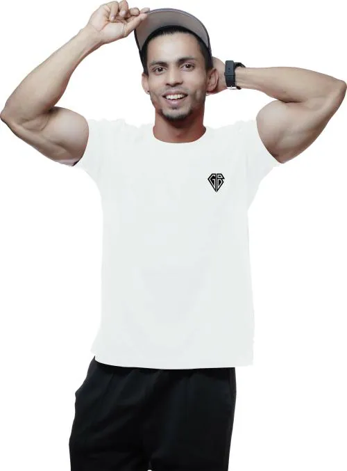 GYMBROTHERS Men Printed Round Neck Pure Cotton White T-Shirt
