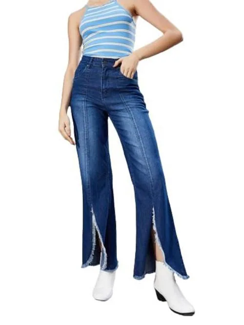 VIBRANCE Women Front Slit Bell Bottom Jeans Color (Navy - XS).