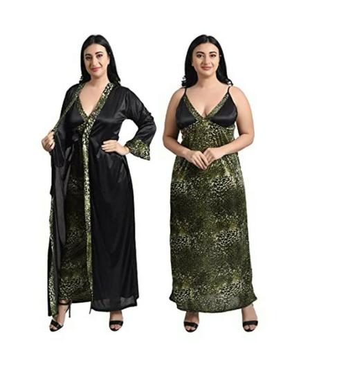 GWACHI Women Green Animal Print Satin Pack of 2 Nighty Set