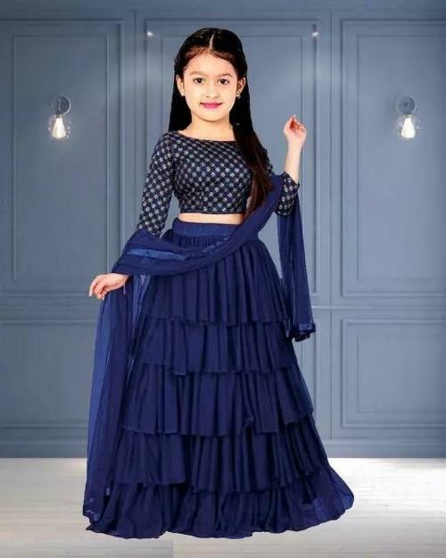 Vajiba Girls Dark Blue Embroidered Satin, Net Lehenga Choli