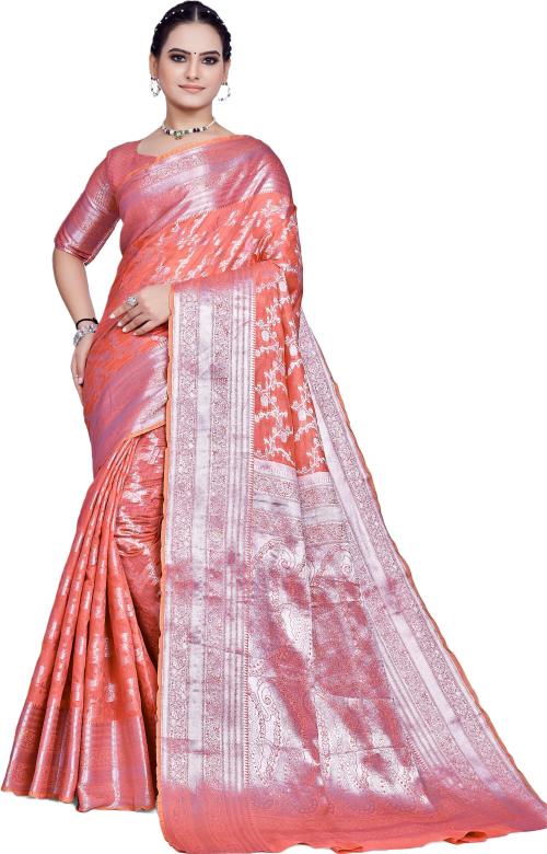 Shrimay Women Pink Cotton Silk, Cotton Blend Floral Print, Self Design Banarasi Saree
