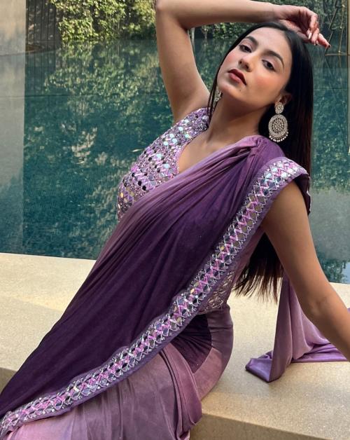 Chhabra 555 Purple Pre-Stitched Ombre Saree With Mirror & Crystal Embellished Blouse