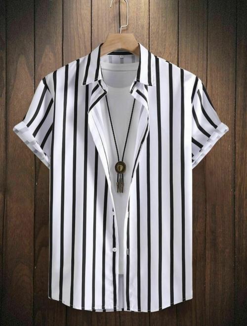 BLIMERC Men White Striped Printed Lycra Casual Shirt - XL