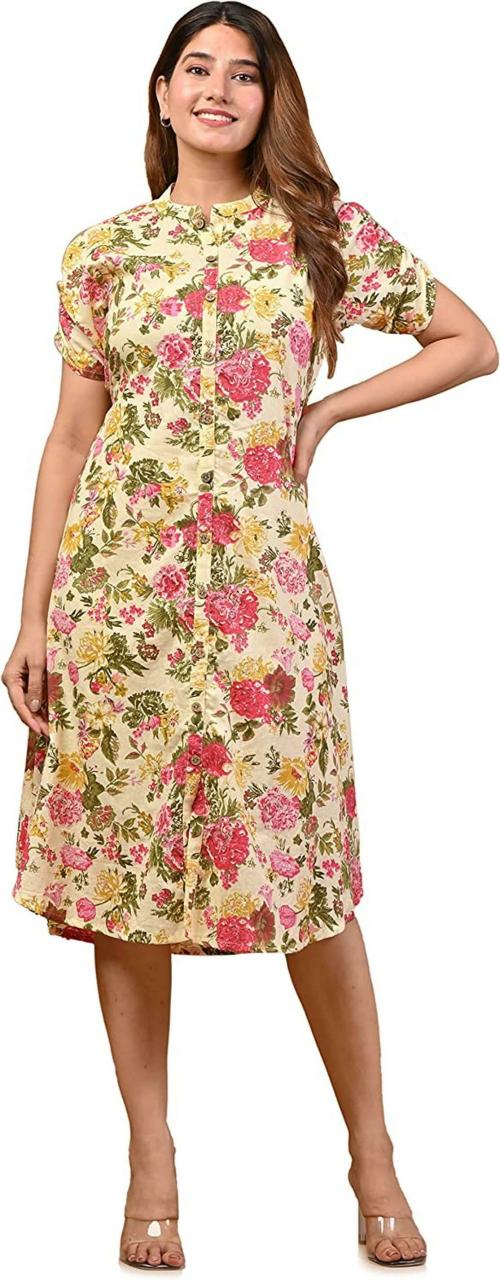 Royale Paisley Women Cream, Pink Printed Cotton Dress (Large)