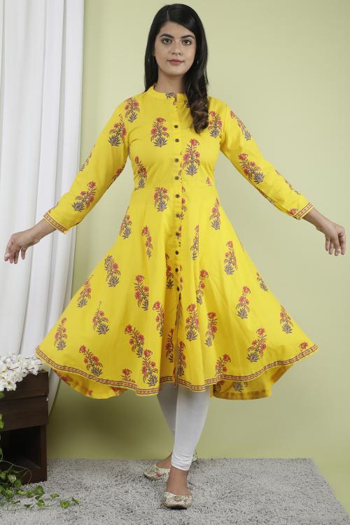 Indiwest Yellow Floral Printed A-Line Flared Cotton Kurta