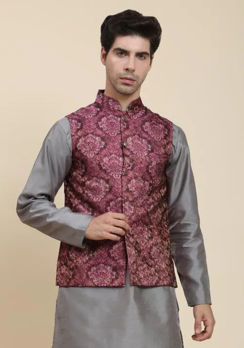 Aany's Culture Maroon Floral Pattern Polyester Wedding Nehru Jacket (Koti) S