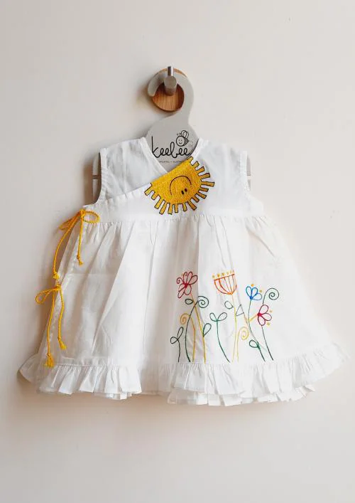 Keebee Organic Cotton Baby Girl Sun Embroidered Dress / Frock - White - 3-6 months