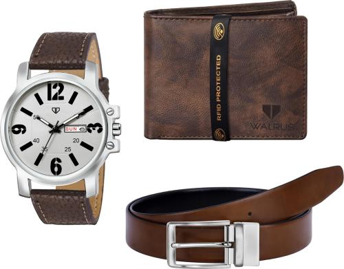 Walrus Brown Belt With Wallet And Watch For Men (Combo Of 3)