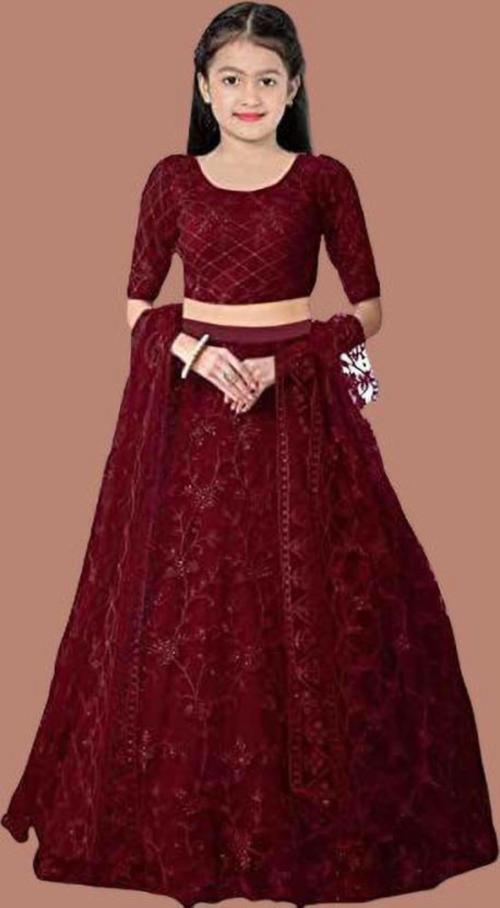 FLENSIRA Girls Maroon Embroidered Net Lehenga With Choli And Dupatta Set (7-8 Years)