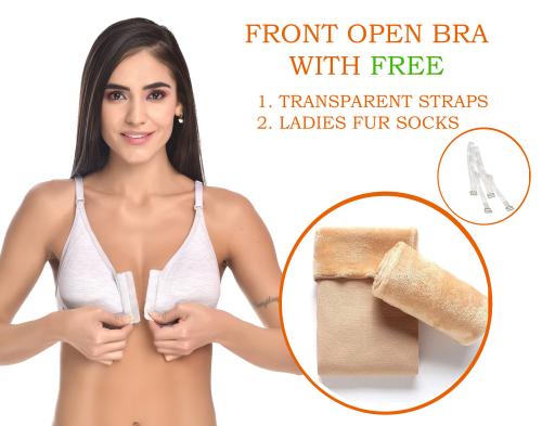 Bmode Women's Front Open Bra with Free Transparent Straps & Fur Socks -Grey