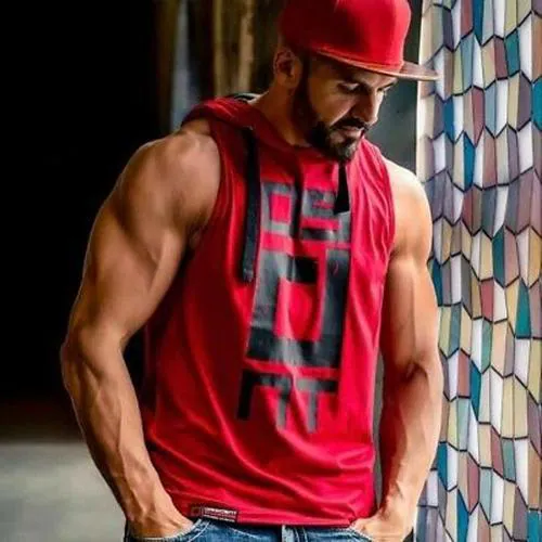 Hot Button Mens Gym Sleeveless Tank Tops Stringer Hoodie for Bodybuilding Workout Color Red Size XXL