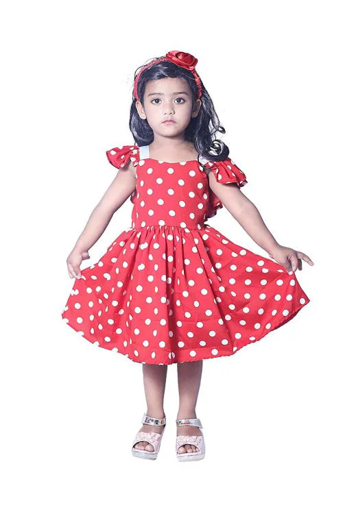 Wish Littlle Girls Red And White Polyester Polka Dots Knee Length Short Frock Dress - 10 Y