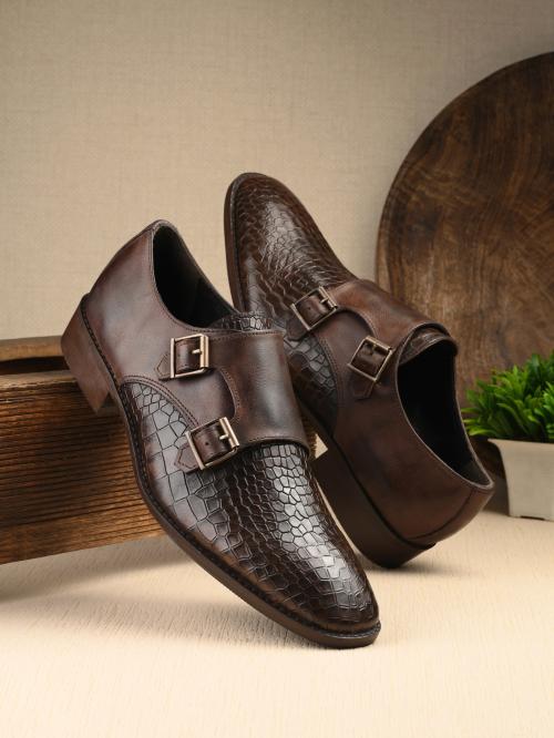 CARLO ROMANO BROWN COLOR ITALIAN CROCODILE AND PLANE PRINTED LEATHER MONK SHOE FOR MEN