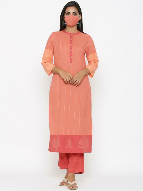 Piroh Women's Cotton Handloom and Rayon Striped Printed Straight Fit Kurta Palazzo Set with Mask (Coral) | kurta set women| kurta set| kurta set for women| kurta suit sets| women kurta set