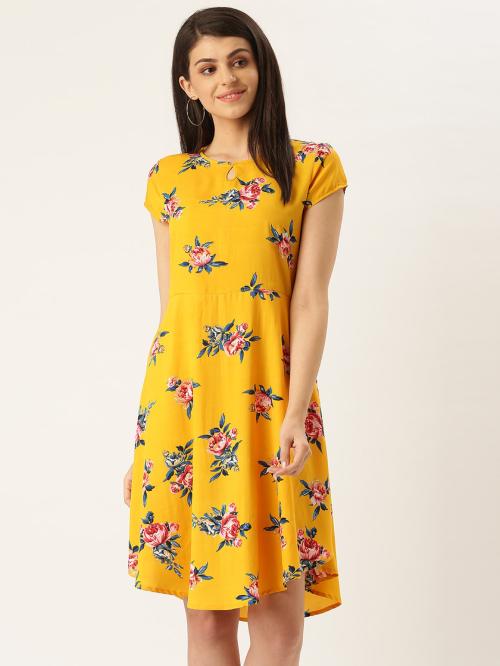 Qsimya Women's Knee Length Mustrad Floral Printed Dress