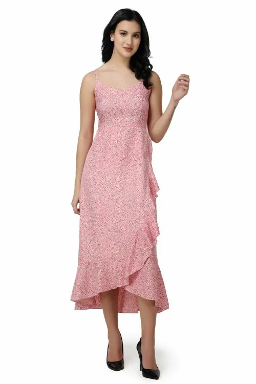 Popwings Casual Pink Floral Printed Midi Frill Strap Dress For Women | Dress For Women | Latest Design Dress For Women | Women Stylish Dress