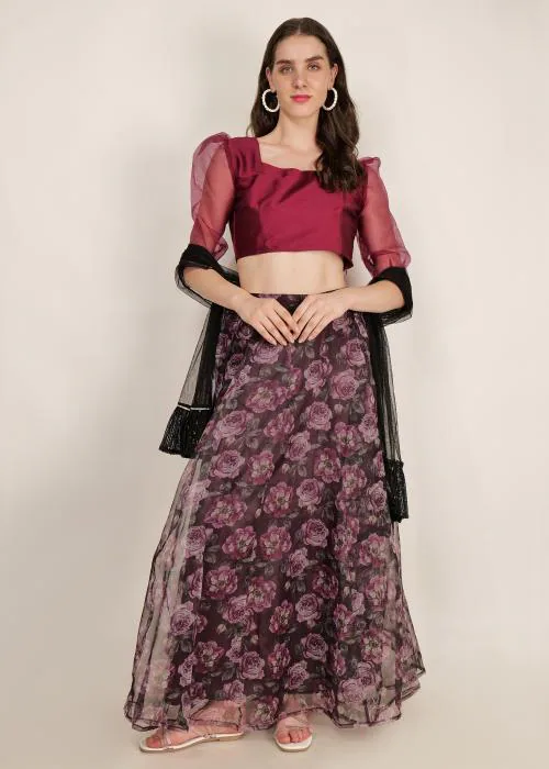 Frolic Rolic Women Solid Puff Sleeve Sweetheart Neck Silk & Organza Lehenga Choli Set with Dupatta (Purple/Brown)