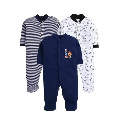 EIO 100% Cotton Newborn Rompers Sleepsuits Jumpsuit Night Suits for Baby Boys & Girls Pack of 3 (Navy 12-18Months)