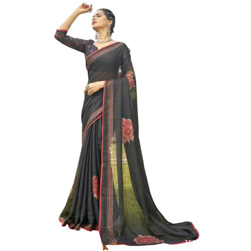 TRIVENI Black Chiffon Solid Saree