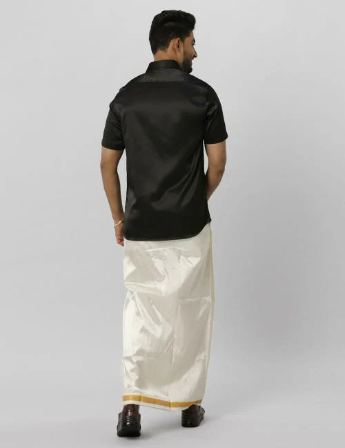 RAMRAJ Men Poly Cotton Dark Black Colour Shirt Half Sleeves With Double Dhoti