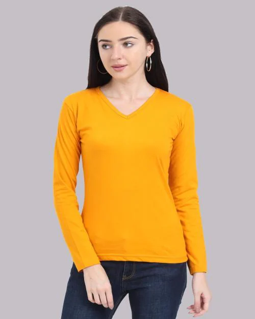 Fleximaa Women's Cotton Mustard Yellow V Neck Full Sleeve T-Shirt