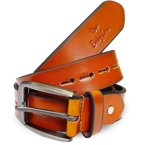 Genuine Women's Leather Belt, Cowhide Leather, Casual Jeans Leather Belts for Women,Hand Made Womens Casual Belts With Heavy Duty Metal Buckle_Yellow & Brown_Yellow & Brown_34