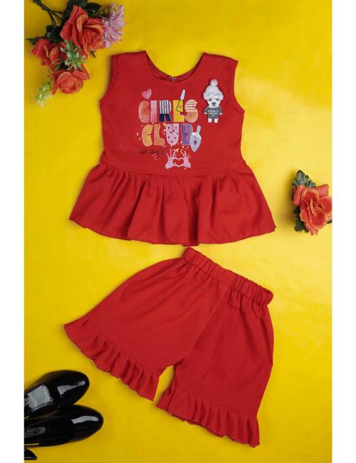 GEET Girls Fancy Polyester Cotton Soilid Casual Top and Shorts (Red) (Size - 6-9 M)