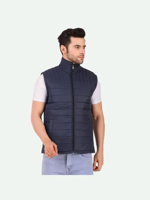 Leather Retail Cut Sleeve Winter Polyester Jacket for Mens Blue Colour