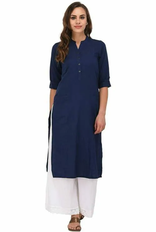 BellesFilles Blue Straight Kurta for Women, Long Cotton Kurti Girls Dress ( S )