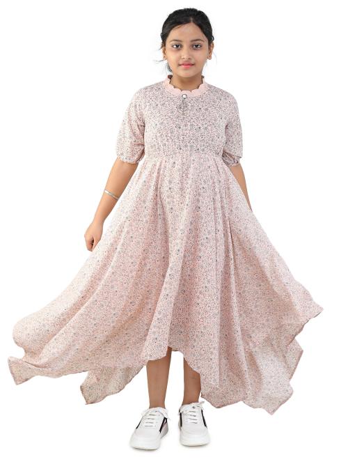 Golden Bow Pink Asymmetric Long Dress for Girls (7-8 Years)