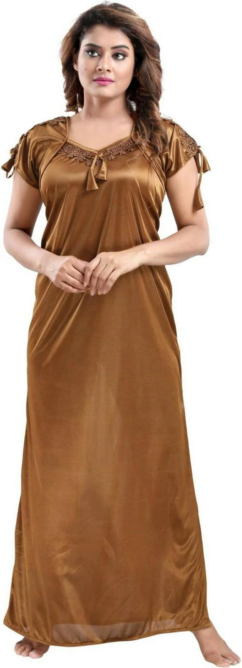 Life-Tale Women Gold Lace Satin Nighty