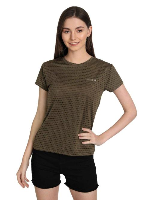 ONE CENTRE Women Brown Printed Nylon Round Neck Tshirt (L)