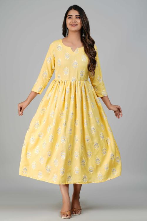 Indiwest Yellow Flower Printed A-Line Cotton Kurti