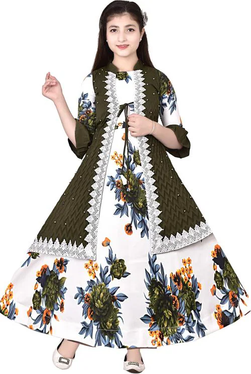 OBAID FASHION Girls Brown Self Design Cotton Blend Full Length Party Dress (8-9 Years)