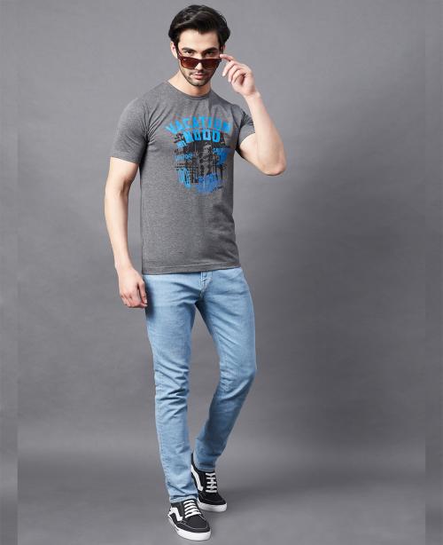 Rigo Men Charcoal Placement Print Round Neck Half Sleeve T-Shirt