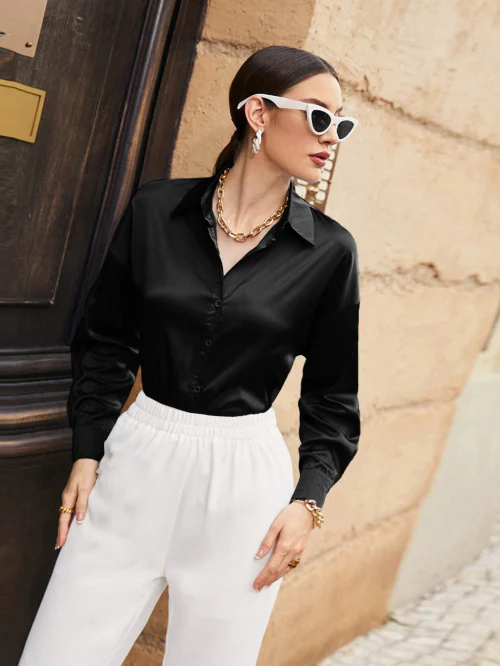 Popwings Casual Women Black Solid Satin Shirt | Women Trendy Shirt | Women Collar Shirt | Women Spread Collar Shirt