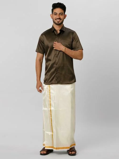 Ramraj Mens Brown Solid Spread collar Shirt Half Sleeves With Double Dhoti