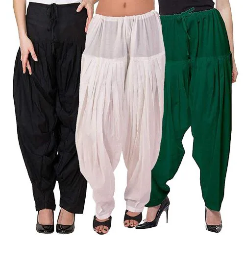 Cotoncroton Creations Combo Pack of Black, White & Dark Green Semi Patiala Salwar