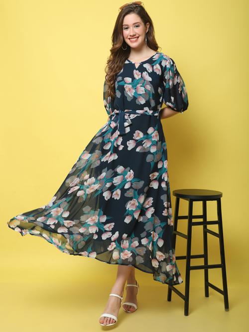 Fabflee Georgette A-line Printed Dress for Women| Dresses| Women Dress| Gown For Women| Dress| One Piece| Women's Maxi Dress