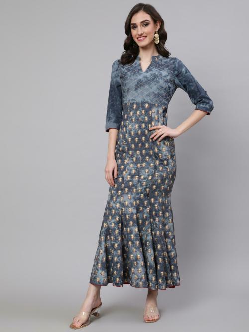 Aks Grey Gold Printed Fish Cut Maxi Dress
