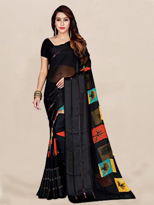 WiloriWomen Black Printed Georgette Saree with Unstitched Blouse