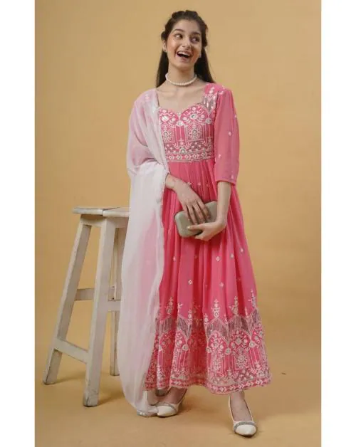 KedarFab Girls Embroidery Georgette Anarkali Gown With Dupatta