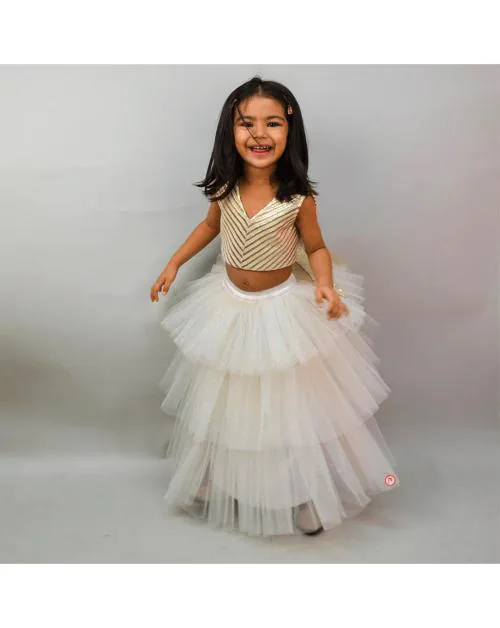 PICCO RICCO White Net Layered Lehenga Set For Girls|Size-9-10 Year