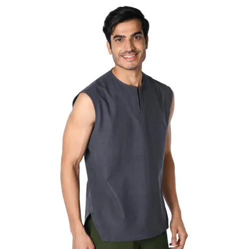 Chamomile Men Charcoal Grey Solid 100% Organic Cotton Khadi Muscle Vest (38)