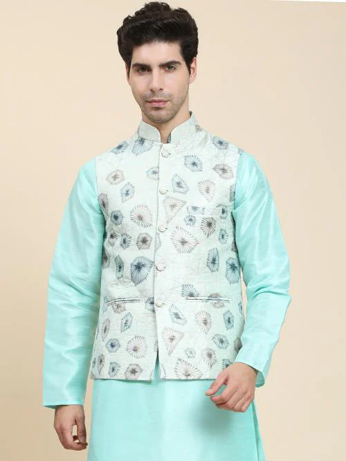 Aany's Culture Pista Floral Pattern Polyester Wedding Nehru Jacket (Koti) S
