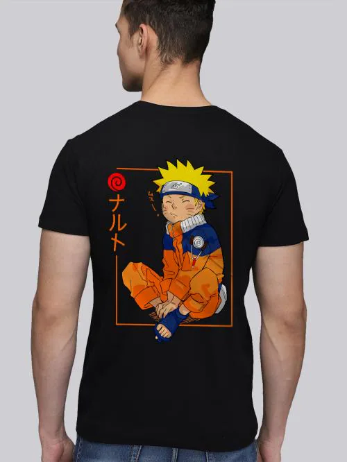BLISSINK Naruto Anime Front And Back Printed Black Cotton Tshirt for Men