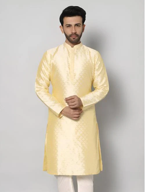 S&2 JEANS Men's Cotton Silk Blend Kurta Pyjama Set, Gold