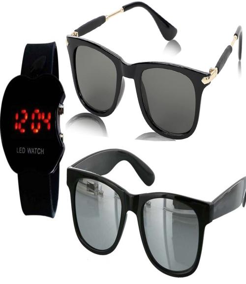 Younky Combo of Stylish Wayfarer Sunglasses for Men And Women |SPP022-1213|Silver| With Led Watch