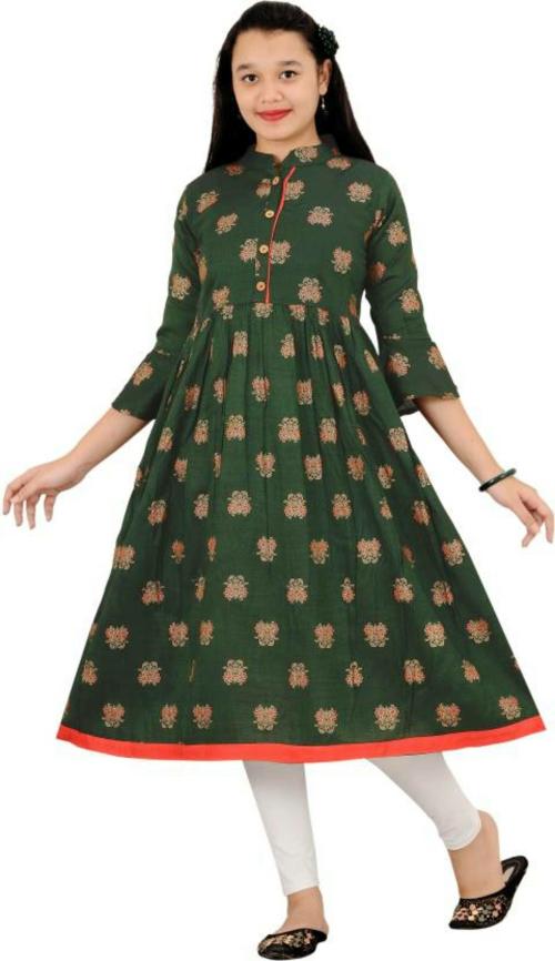 4U GIRL Girls Block Print Flared Kurta (Dark Green)_3469/8 36